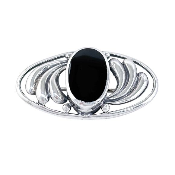 Black Onyx Floral Pin Brooch | Vintage Sterling Silver 925 - Picture 3 of 7